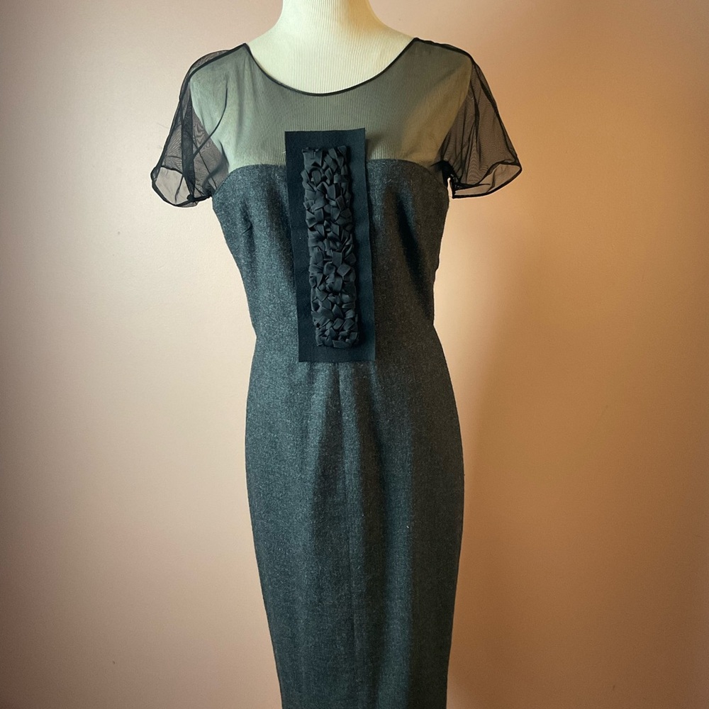 Vera Wang Lavender Label Gray Midi Dress with Black Sheer Accents
